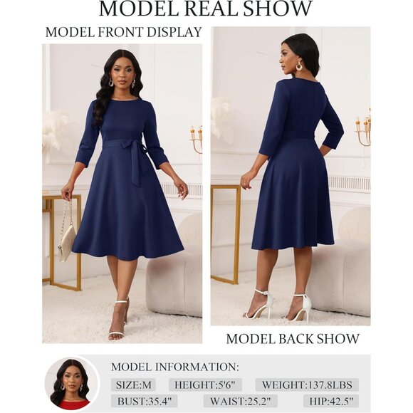 Women's Navy 3/4 Sleeve Vintage Flattering A-line Vintage Cocktail Dresses - Picture 3 of 5